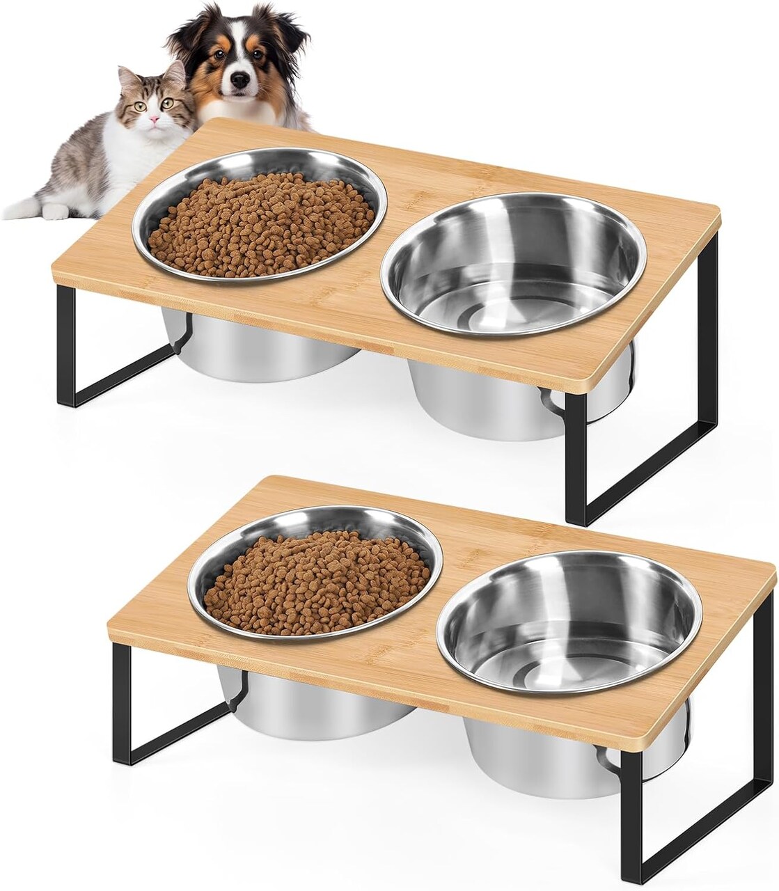 Dog Bowls Stand Bamboo Raised Dog Bowl with 2 Stainless Steel Food Water Bowls Set Food Feeding Dishes for Indoor Cat and Large Medium Dogs